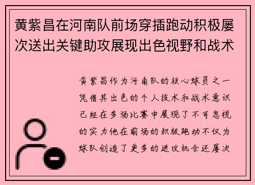 黄紫昌在河南队前场穿插跑动积极屡次送出关键助攻展现出色视野和战术意识