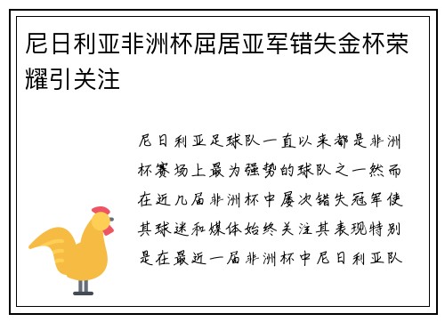 尼日利亚非洲杯屈居亚军错失金杯荣耀引关注