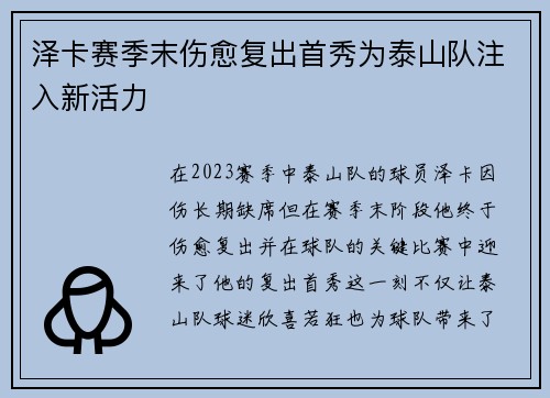 泽卡赛季末伤愈复出首秀为泰山队注入新活力 泽卡赛季末伤愈复出首秀为泰山队注入新活力